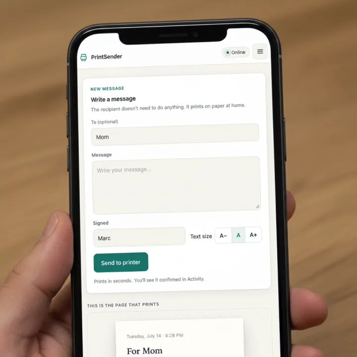 The PrintSender app on a phone, composing a message to send home