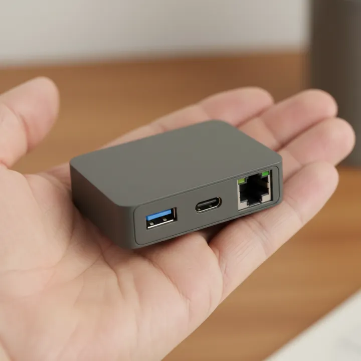 The small PrintSender device held in a hand, showing its USB and network ports