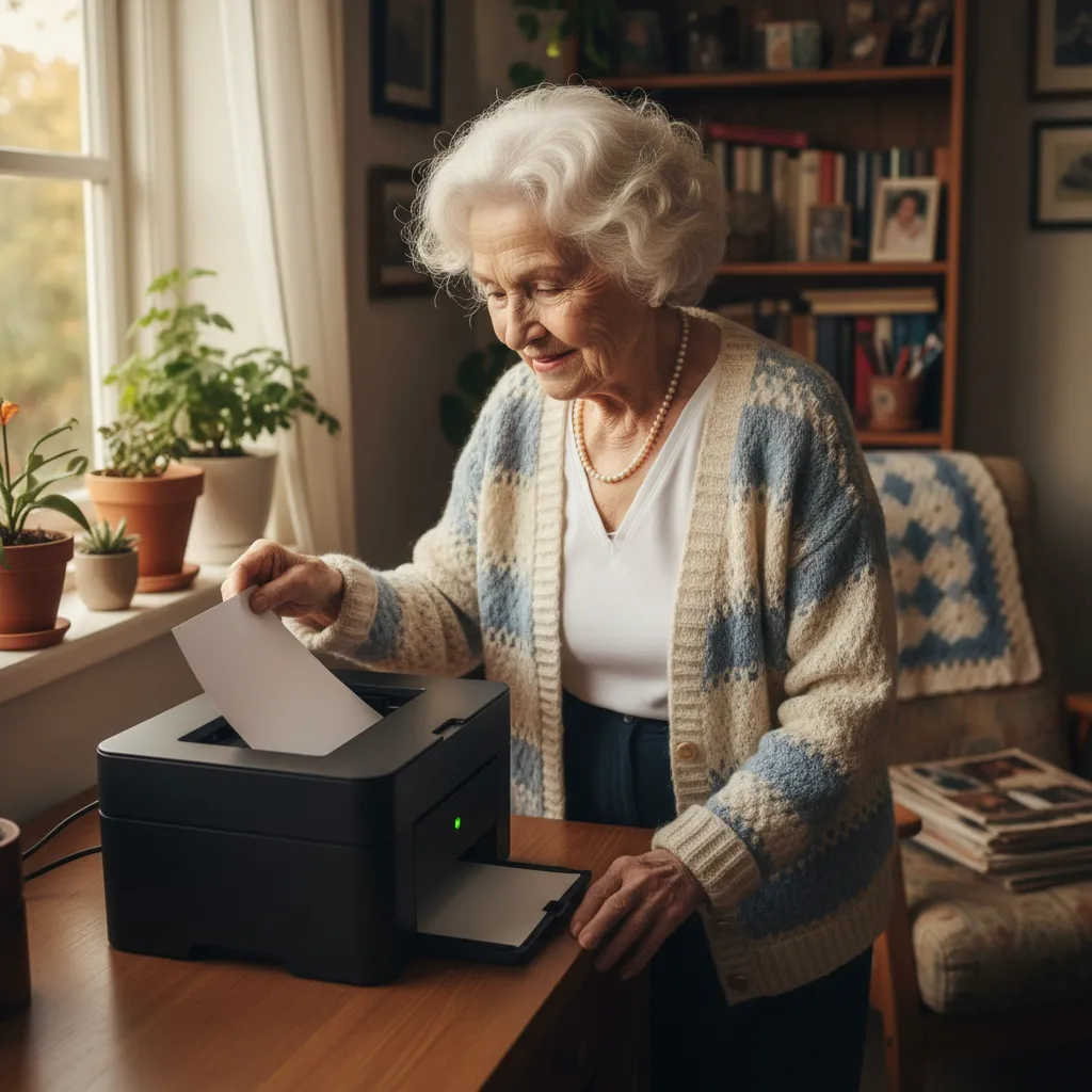 An older woman lifting a freshly printed page from the PrintSender device in her home